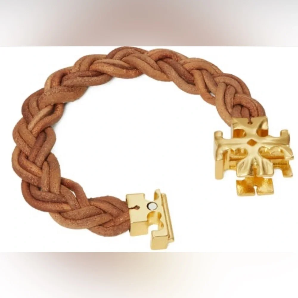 🆕Tory Burch Authentic Miller Fisherman 18KGold-Plated & Braided Leather Bracelet